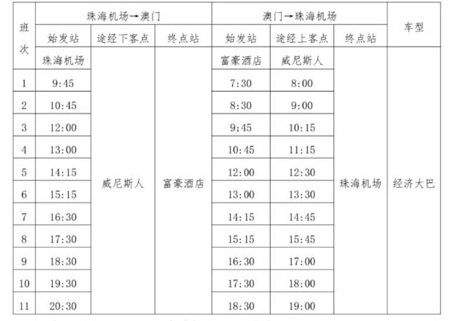 直通巴士时刻表。